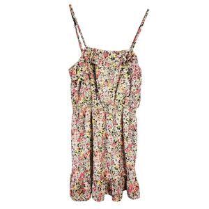 Y2K Pink Floral Chiffon ruffle mini Dress Sz Large Spaghetti Straps Lined chintz